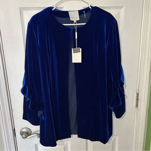 NWT MISOOK Blue Velvet Cardigan with ruffle sleeves. Size Large. - Picture 1 of 11